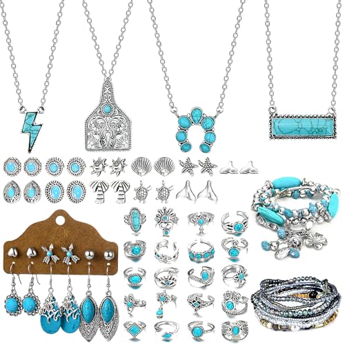 NEWITIN 20 Pieces Silver Bohemian Jewelry Set for Women Fashion Costume Jewels Turquoise Necklace Bracelet Ring Earrings Western Turquoise Jewelry Set for Women - color: Turquoise Jewelry Set D