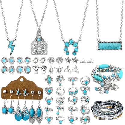 NEWITIN 20 Pieces Silver Bohemian Jewelry Set for Women Fashion Costume Jewels Turquoise Necklace Bracelet Ring Earrings Western Turquoise Jewelry Set for Women - color: Turquoise Jewelry Set D