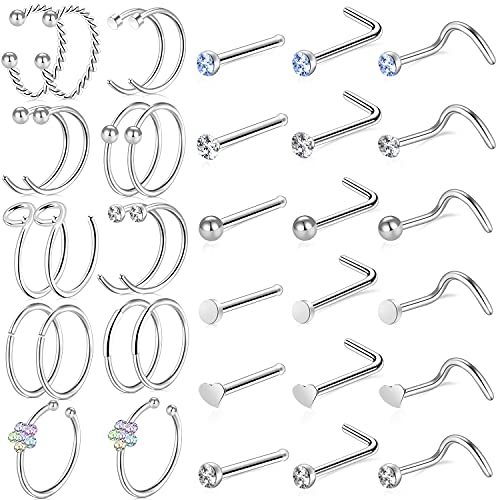 ONESING 9-40 Pcs Nose Rings - Hoops, Studs & L Shape - Hypoallergenic Stainless Steel Nose Piercings for Women & Men - color: Silver-36Pcs