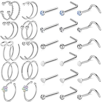 ONESING 9-40 Pcs Nose Rings - Hoops, Studs & L Shape - Hypoallergenic Stainless Steel Nose Piercings for Women & Men - color: Silver-36Pcs
