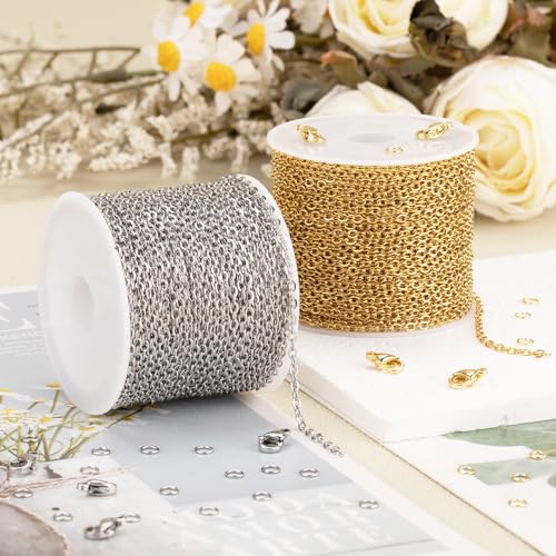 SMYHTGLIF Total 65.6 Feet Gold & Silver Jewelry Making Chains 2 Rolls Chain | Stainless Steel Chain for Jewelry Making Thin Oval Cable Chain Craft Chain Bulk Permanent Jewelry Findings - size: 2.6×2mm