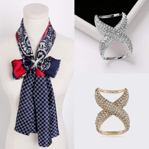 2 PCS Fashion Scarf Clips Scarf Ring Buckle Rhinestone Scarf Ring Buckle Silk Scarf Clasp Clips for Women Lady Girls, Gold, Medium