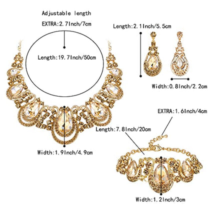 Women's Statement Jewelry Set for Wedding Prom Accessories | Shiny Teardrop Crystal Cluster Hollow Necklace Dangle Earrings Chain Bracelet Set for Bride Bridesmaid - color: Champagne