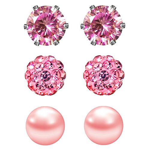 JewelrieShop Birthstone Studs Earring Set Cubic Zirconia Rhinestones Crystal Ball Faux Pearl Stainless Steel Stud Earrings for Women Jewelry Gift (6mm Round,3 Pairs) - color: 10) Oct. - Pink
