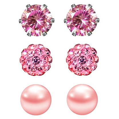 JewelrieShop Birthstone Studs Earring Set Cubic Zirconia Rhinestones Crystal Ball Faux Pearl Stainless Steel Stud Earrings for Women Jewelry Gift (6mm Round,3 Pairs) - color: 10) Oct. - Pink