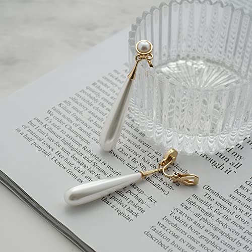 Pearl Clip on Earrings for Women Drop Clip Earrings for Women Gold Plated White Imitation Pearl Earrings Fashion - color: Long Pearl