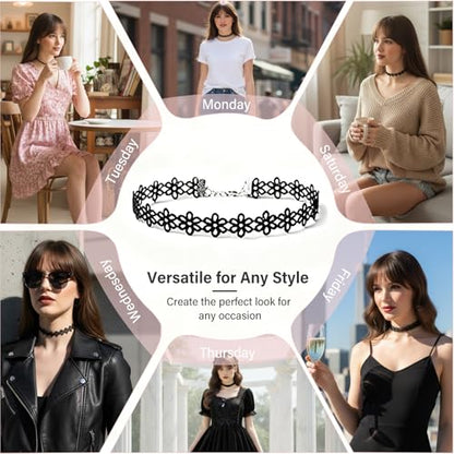 6 Pcs Black Choker Necklaces Black Velvet Choker Set Classic Gothic Tattoo Lace Chokers,Adjustable Lace Choker Necklace For Women