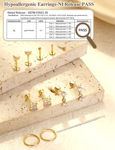 LOLIAS 18K Gold Plated Threadless Flat Back Earrings Studs Hypoallergenic | 316L Surgical Steel Push in Nose Rings Studs 20G CZ Tragus Cartilage Helix Conch Lip Labret Medusa Nostril Piercing Jewelry - color: 18K Gold Plated, size: 20G(0.8mm)-Flower&Ball&