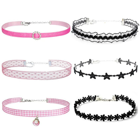 Nova&Aria Chokers Set For Women Heart Choker Necklaces Flower Pendant Velvet Cute Pink Turquoise Blue White Black Choker Necklace Christmas Colorful Lace Chokers - color: Black&Pink-A