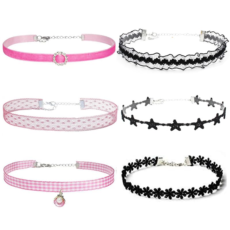Nova&Aria Chokers Set For Women Heart Choker Necklaces Flower Pendant Velvet Cute Pink Turquoise Blue White Black Choker Necklace Christmas Colorful Lace Chokers - color: Black&Pink-A