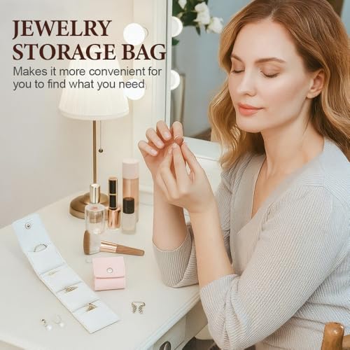 Jewelry Zippered Pocket Case Set with 3 Mini Foldable Jewelry Rolls (Off White) - color: Off White