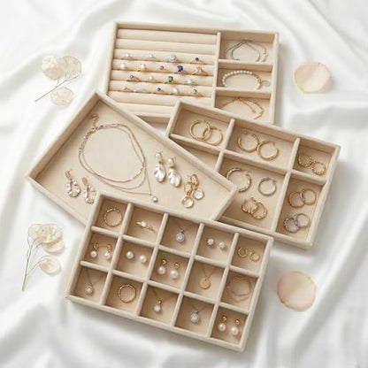 16 Pack Velvet Jewelry Trays for Drawers, Stackable Jewelry Organizer Trays with Dividers, 8.3 x 5 in Drawer Inserts for Rings Necklaces Earrings Bracelets, Beige