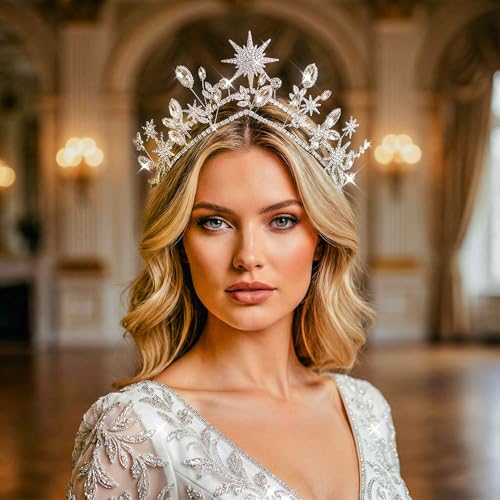 Star Crown Silver Wedding Headband Rhinestone Celestial Tiara Goddess Headpiece Bridal Hair Accessories for Women