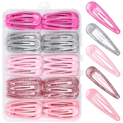 Teenitor 50Pcs Hair Barrettes Pink Snap Hair Clips, 2 Inch Hair Barrettes Hair Clips for Women Hair Barrettes for Women with Glitter Pink - color: Pink/Light Pink/Hot Pink/Glitter Silver/Glitter Pink