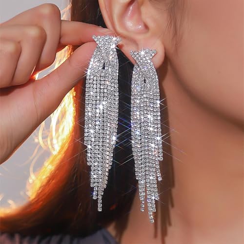 Rhinestone Earrings Prom Earrings for Women Sparkly Long Tassel Chandelier Drop Statement Earring Jewerly Gifts Wedding Party Prom Dresses Accessories - color: B1:silver