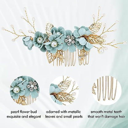 Cinaci 18 Pieces Bridal Wedding Party Prom Pearl Rhinestone Light Green Flower Hair Side Combs Slides+U-shaped Flower Hair Pins+Twist Spiral Hairpins Floral Headpieces for Brides Bridesmaids Women Gir - color: Light Green
