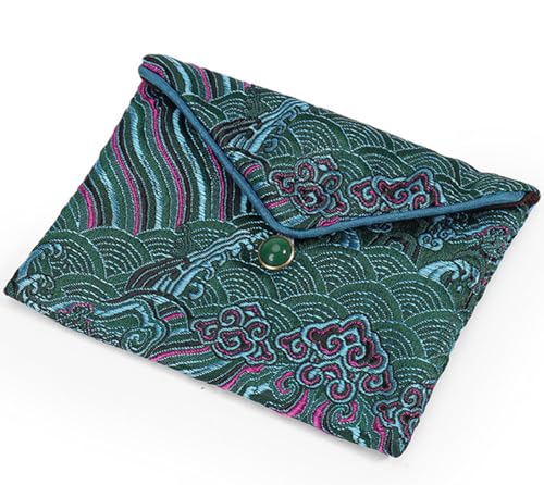 2pcs Embroidery Jewelry Roll 2 Styles Jewelry Silk Purse Pouchs Damask Cloth Roll Brocade Organizer with Snap Button and Zipper Small Gift Bags for Travel Storage Jewelry/Peacock Green - color: 01 Peacock