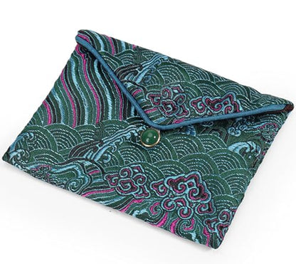 2pcs Embroidery Jewelry Roll 2 Styles Jewelry Silk Purse Pouchs Damask Cloth Roll Brocade Organizer with Snap Button and Zipper Small Gift Bags for Travel Storage Jewelry/Peacock Green - color: 01 Peacock