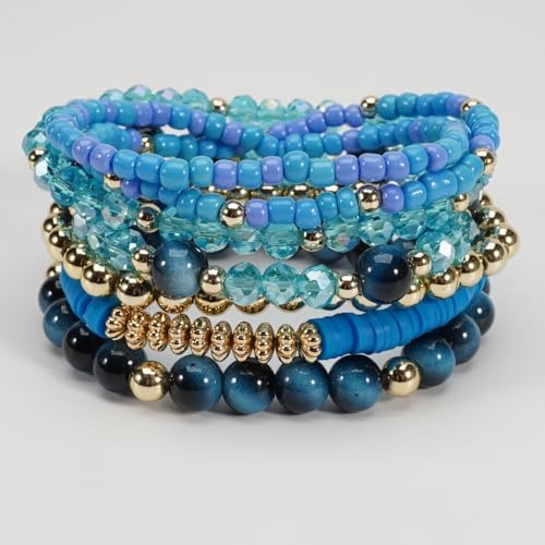 7Pcs Bohemia Multilayer Stackable Crystal Beaded Bracelet Set Multicolor Surfer Heishi Clay Gold Beaded Friendship Stretch Bracelets for Women Men Summer Beach Boho Vacation Jewelry Gifts - color: Blue