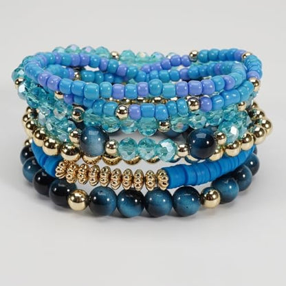 7Pcs Bohemia Multilayer Stackable Crystal Beaded Bracelet Set Multicolor Surfer Heishi Clay Gold Beaded Friendship Stretch Bracelets for Women Men Summer Beach Boho Vacation Jewelry Gifts - color: Blue