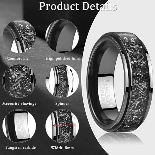 TUNGSTORY 8mm Tungsten Mens Wedding Band, Black Spinner Fidget Rings Meteorite Inlaid, Anxiety Released Spinner Ring for Men Engagement Anniversary Comfort Fit Size 7-12