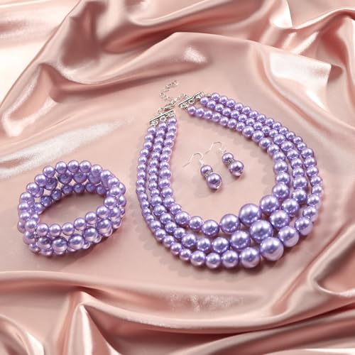 Haysandy Pearl Jewelry Set for Women 20s Jewelry Gift | Retro Layered Necklace Bracelet Earring, Costume Accessories for Derby Wedding Prom Party, Dress Matching Occasions - color: Light Purple
