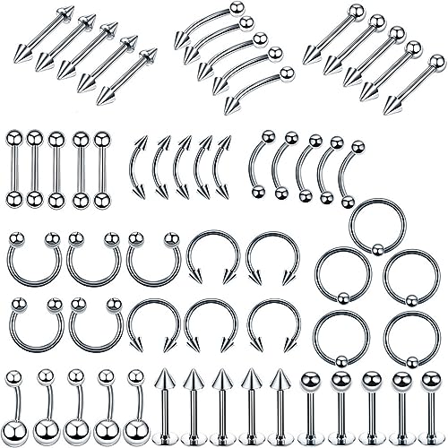 60 Pcs Body Piercing Kit Jewelry 16G Nose Rings Lip Studs Tongue Rings Stainless Steel Cartilage Earrings Tragus Eyebrow Industrial Barbell Belly Rings Body Piercing Jewelry Lot - color: 6mm