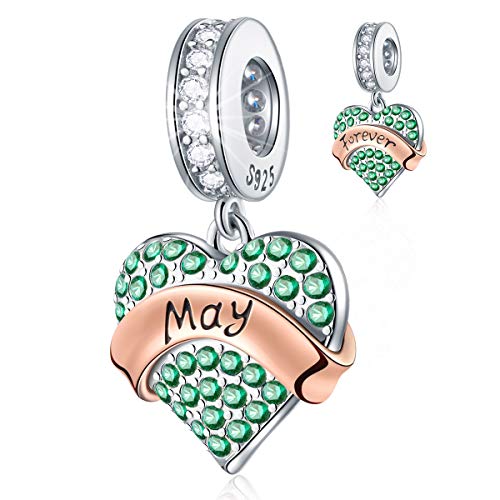 EMOSTAR Jan-Dec Birthstone Charms fits European Birthday Bracelet, Dangle 925 Sterling Silver Heart Shaped Pendant with 12 Months Birthstones, Gifts for Mom/Women - color: May Birthstone