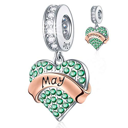 EMOSTAR Jan-Dec Birthstone Charms fits European Birthday Bracelet, Dangle 925 Sterling Silver Heart Shaped Pendant with 12 Months Birthstones, Gifts for Mom/Women - color: May Birthstone