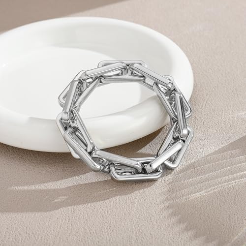 WOWORAMA Chunky Chain Bracelet for Women, Gold/Silver | Adjustable Elastic Stretch Bracelet, Thick Chunky Link Bracelet, Statement Jewelry - color: Square-Silver