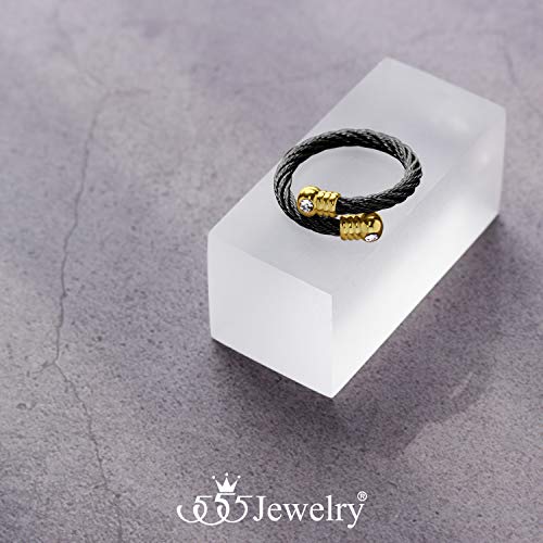 555Jewelry Stainless Steel Twisted Cable CZ Adjustable Open Ring for Women & Ladies - color: Black & Gold