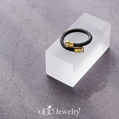 555Jewelry Stainless Steel Twisted Cable CZ Adjustable Open Ring for Women & Ladies - color: Black & Gold