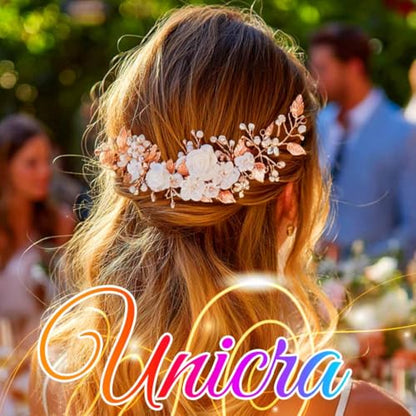 Flower Bride Wedding Hair Vine Pearl Bridal Hair Piece Leaf Hair Accessories Rhinestone Headband for Women (Rose Gold) - color: Rose Gold