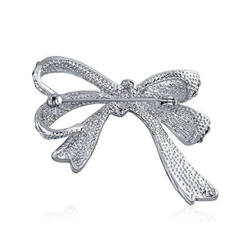 Winter Holiday Blue White Glittering Crystal Bridal Fashion Large Statement Ribbon Scarf Bow Brooch Pin For Women Rose Gold or Silver Plated - color: Dark Blue