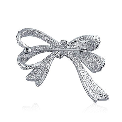 Winter Holiday Blue White Glittering Crystal Bridal Fashion Large Statement Ribbon Scarf Bow Brooch Pin For Women Rose Gold or Silver Plated - color: Dark Blue