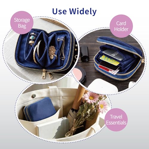 Small Travel Jewelry Case with Earring Box Mini Jewelry Case | Double-Layer Velvet Travel Jewelry Organizer Pouch with 7 grids & 4 Pockets, for Necklace Bracelet, Gifts for Women,Navy Blue - color: Dark blue double-layer