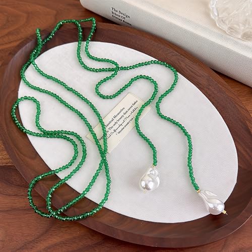 Chunky Puffy Heart Layered Gold Choker & Green Beaded Lariat Necklace with Baroque Pearl Drops, Adjustable Wrap Y Style Bohemian Jewelry Fashion Accessory for Women Gifts - color: green