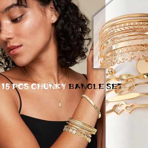 17IF Gold Bangle Bracelet For Women, 14k Multilayer Charm Textured Stackable Bracelets Boho Indian Chunky Cuff Fashion Jewelry Gift - style: 15 Pcs