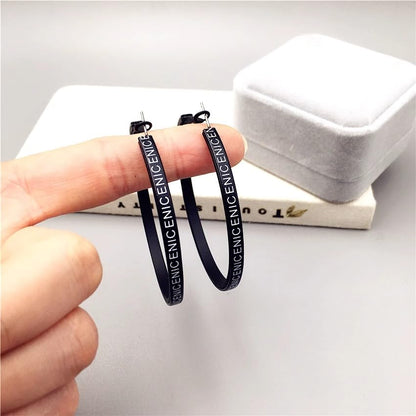 Hoop Earrings for Women Leather Hoop Earrings-Medium/Large Hoops-Lightweight hoop - color: Black Letters
