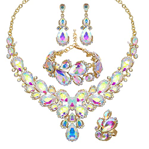 Women's Wedding Bridal Austrian Crystal Glass Teardrop Statement Necklace Dangle Earrings Bracelet Ring Wedding Party Jewelry Set for Bridal Bridesmaid - color: AB Crystal-Gold Plated