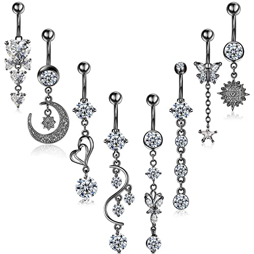 Hicarer 8 Pieces 14G Belly Button Rings Steel Long Dangle Navel Ring CZ Body Piercing Jewelry - color: Black