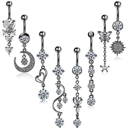 Hicarer 8 Pieces 14G Belly Button Rings Steel Long Dangle Navel Ring CZ Body Piercing Jewelry - color: Black