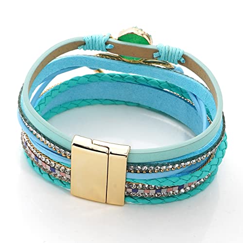 Suyi Multilayer Leather Wrap Bracelet Heart-Shape Wide Bracelets for Women - color: Light Blue