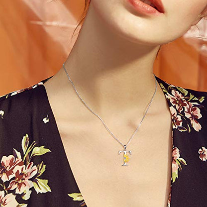 POPLYKE Initial Sunflower Necklace for Women 925 Sterling Sliver Sunflower Pendant Necklace Letter Initial Pendant Chain - style: Sunflower T