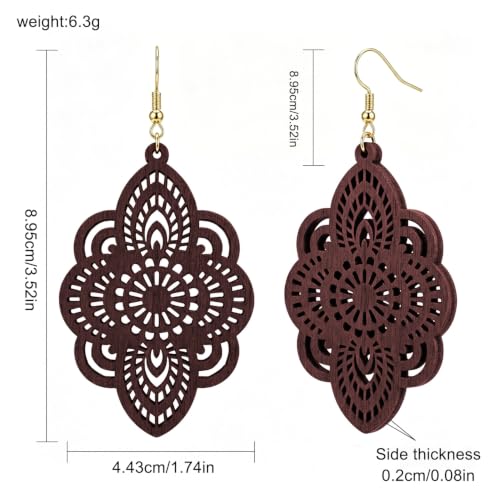 Boho Black Filigree Dangle Earrings for Women, Lightweight Hollow Lace Drop, Wood, 3.34" x 1.69", Bohemian Jewelry - color: Dark Winered