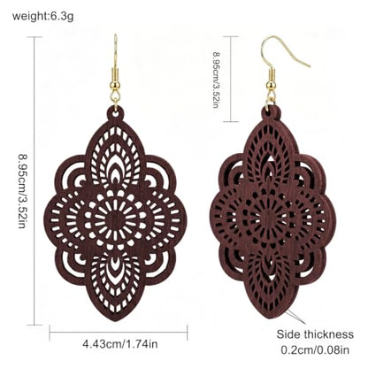 Boho Black Filigree Dangle Earrings for Women, Lightweight Hollow Lace Drop, Wood, 3.34" x 1.69", Bohemian Jewelry - color: Dark Winered