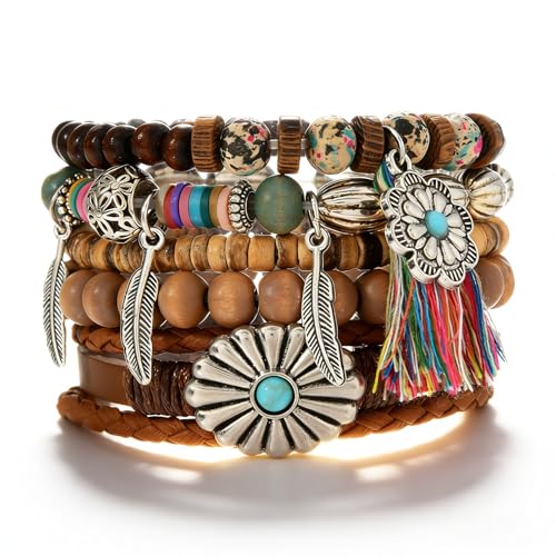 Western Outfits for Women Turquoise Western Bracelets Bohemian Vintage Stackable Beaded Leather Bracelets Adjustable Hand-woven Layered Bracelet Western Country Concert Jewelry for Women - style: Tassel