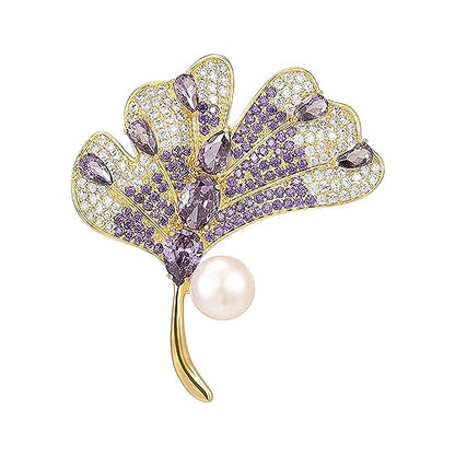 Brooches and Pins for Women Elegant Flower Pearl Brooches Costume Broches Jewelry Lady Christmas Pin for Women - style: Purple Ginkgo Leaf
