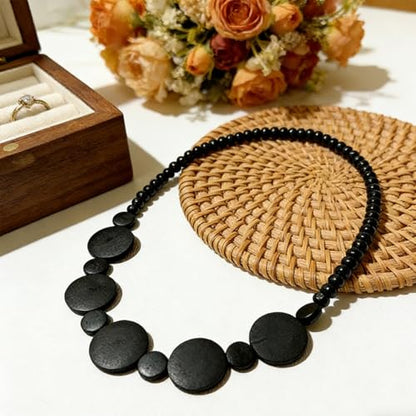 ONLYJUMP Colorful Ethnic Wooden Jewelry Set for Women Round Statement Dangle Earrings Multilayered Geometric Beaded Bracelet Necklace Exaggerated Tribal Style Jewelry - color: Black