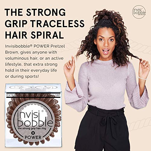 invisibobble Power Traceless Spiral Hair Ties - 3 Pack - Pretzel Brown - Strong Elastic Grip Coil Hair Accessories for Active Women - No Kink, Non Soaking - Gentle for Girls Teens and Thick Hair - color: brown